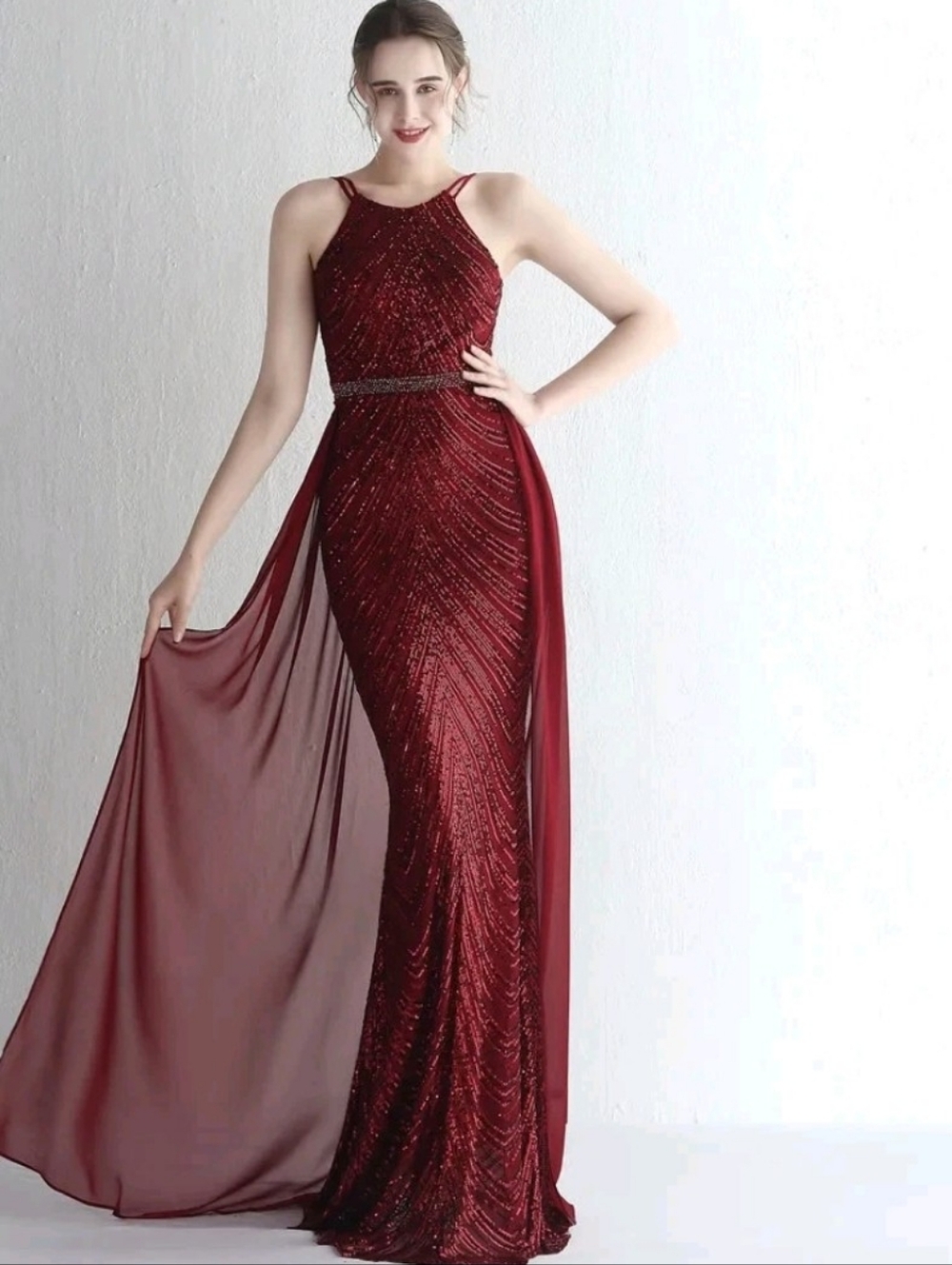 Burgundy,  O Neck, Sleeveless,  Detachable Skirt,  Sequined Mermaid Gown
